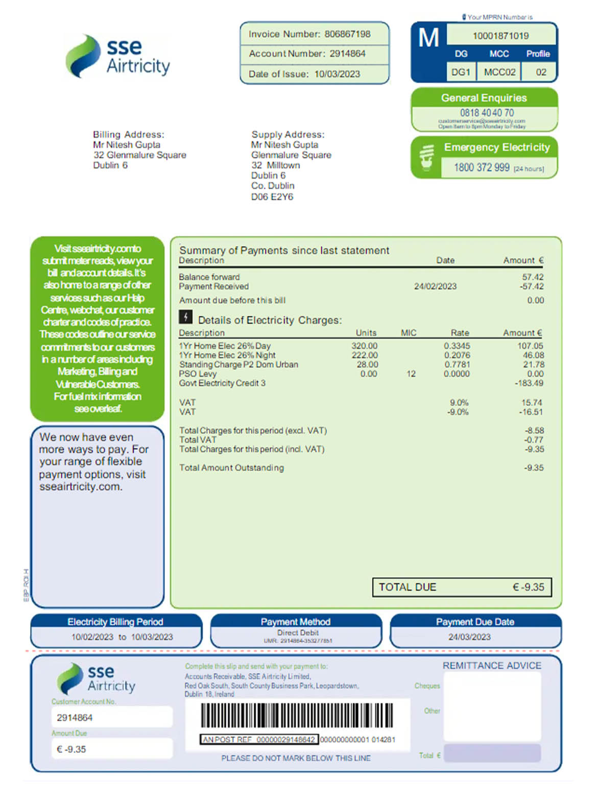 Australia SSE Airtricity utility bill