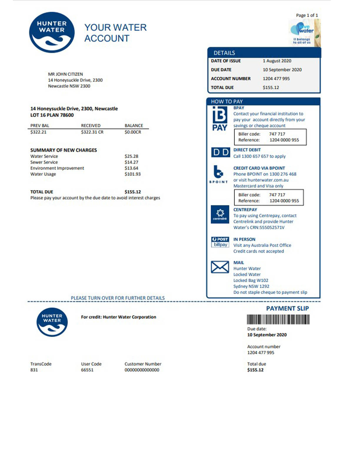 Australia hunter water utility bill