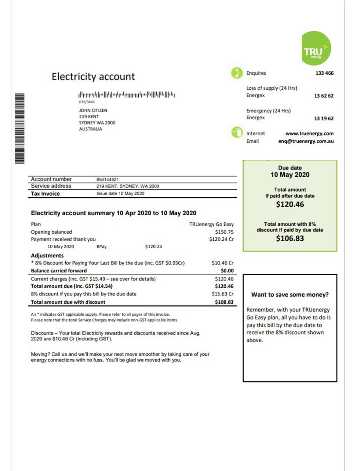 Australia Tru energy electricity utility bill