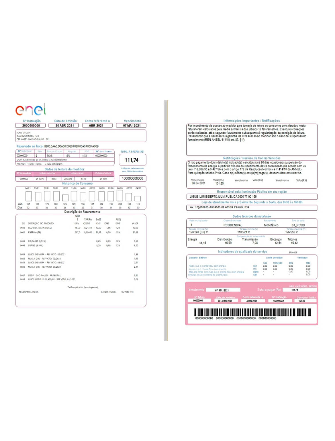 Brazil ENEL electricity utility bill