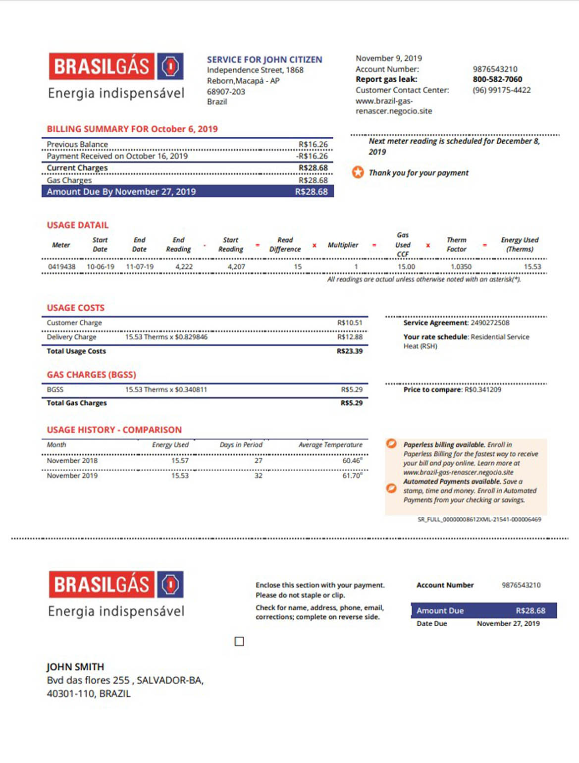 Brazil Gas utility bill