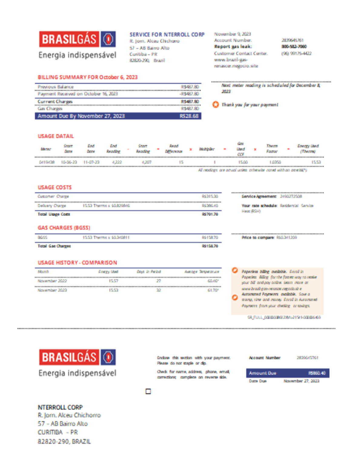 Brazil gas  business utility bill