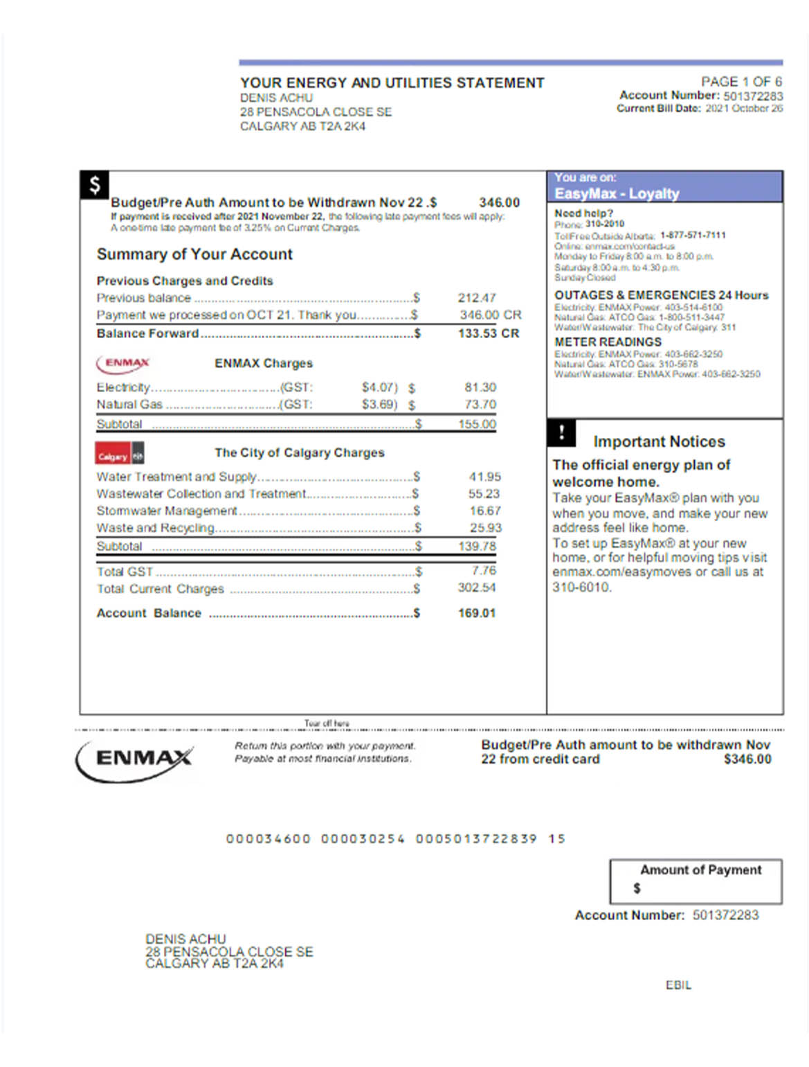 Canada Enmax utility bill