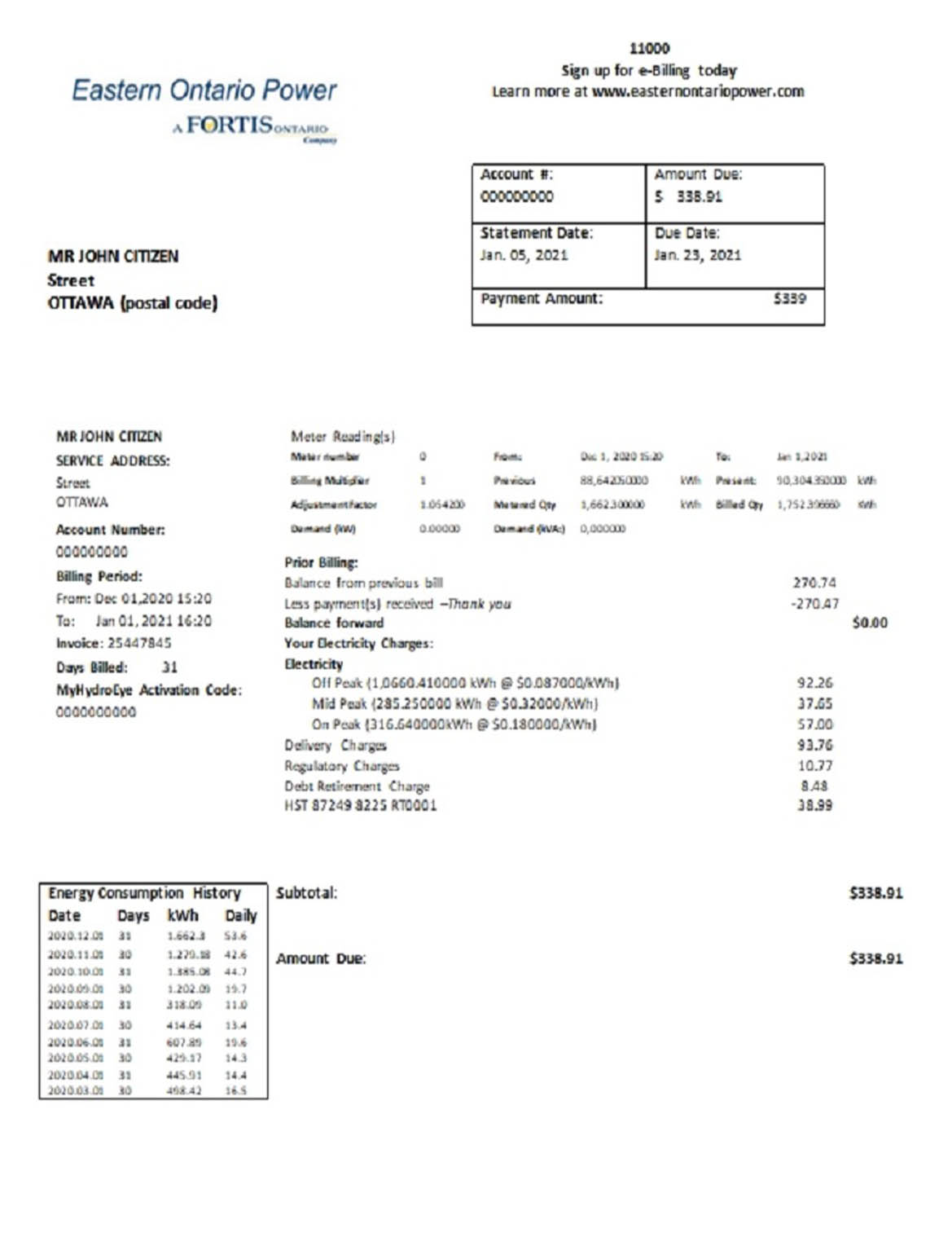 Canada Eastern Ontario power utility bill