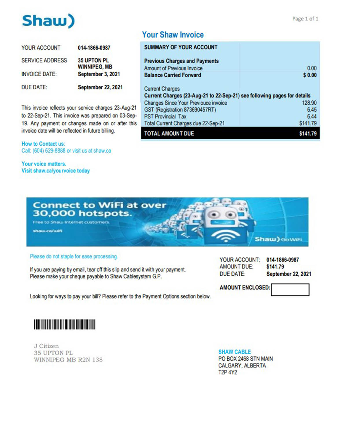 Canada Shaw utility bill
