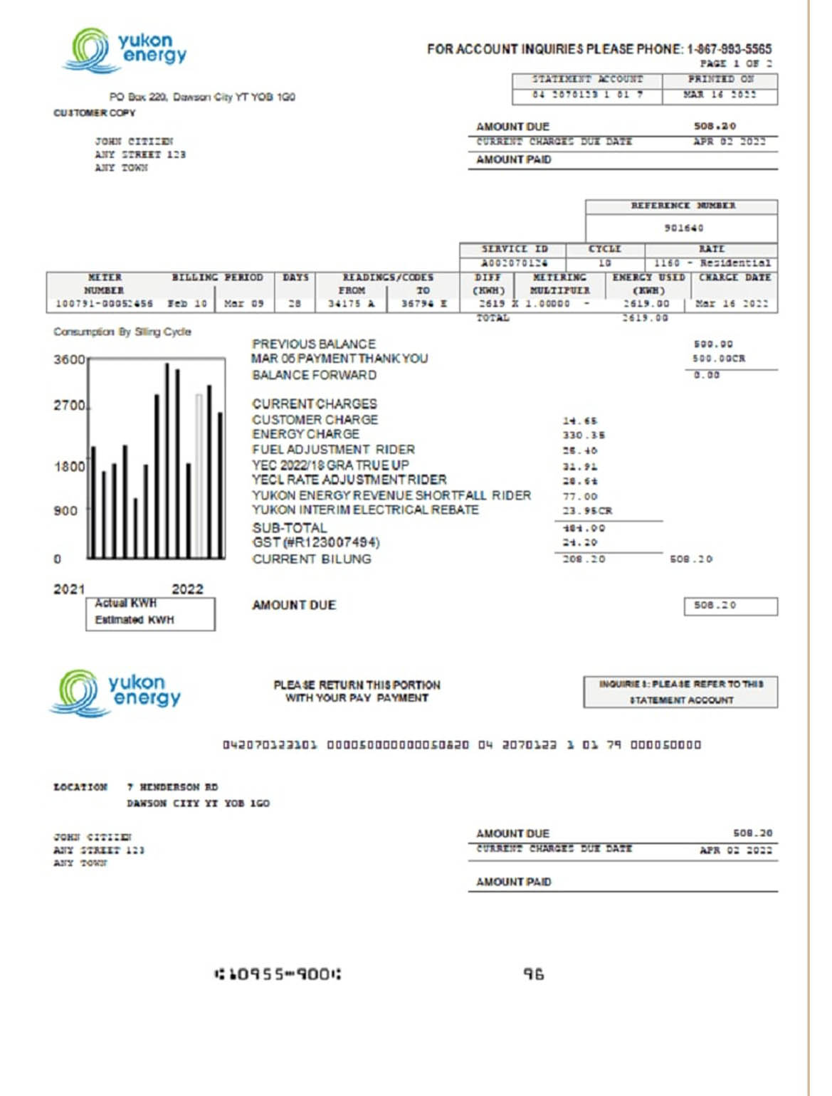 Canada Yukon energy utility bill 