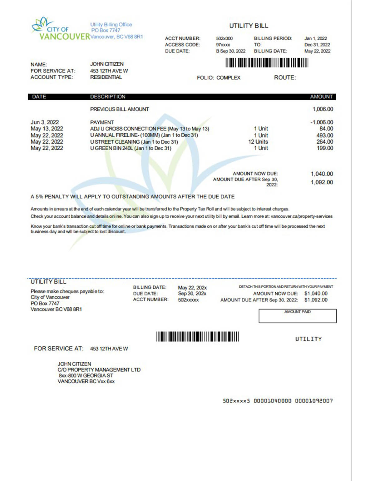 Canada British Columbia city of Vancouver utility bill