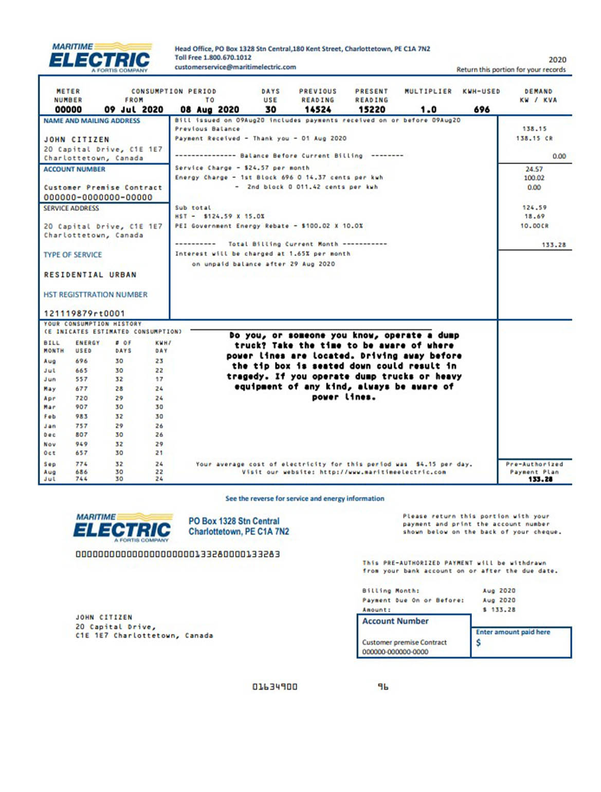 Canada Maritime electric utility bill