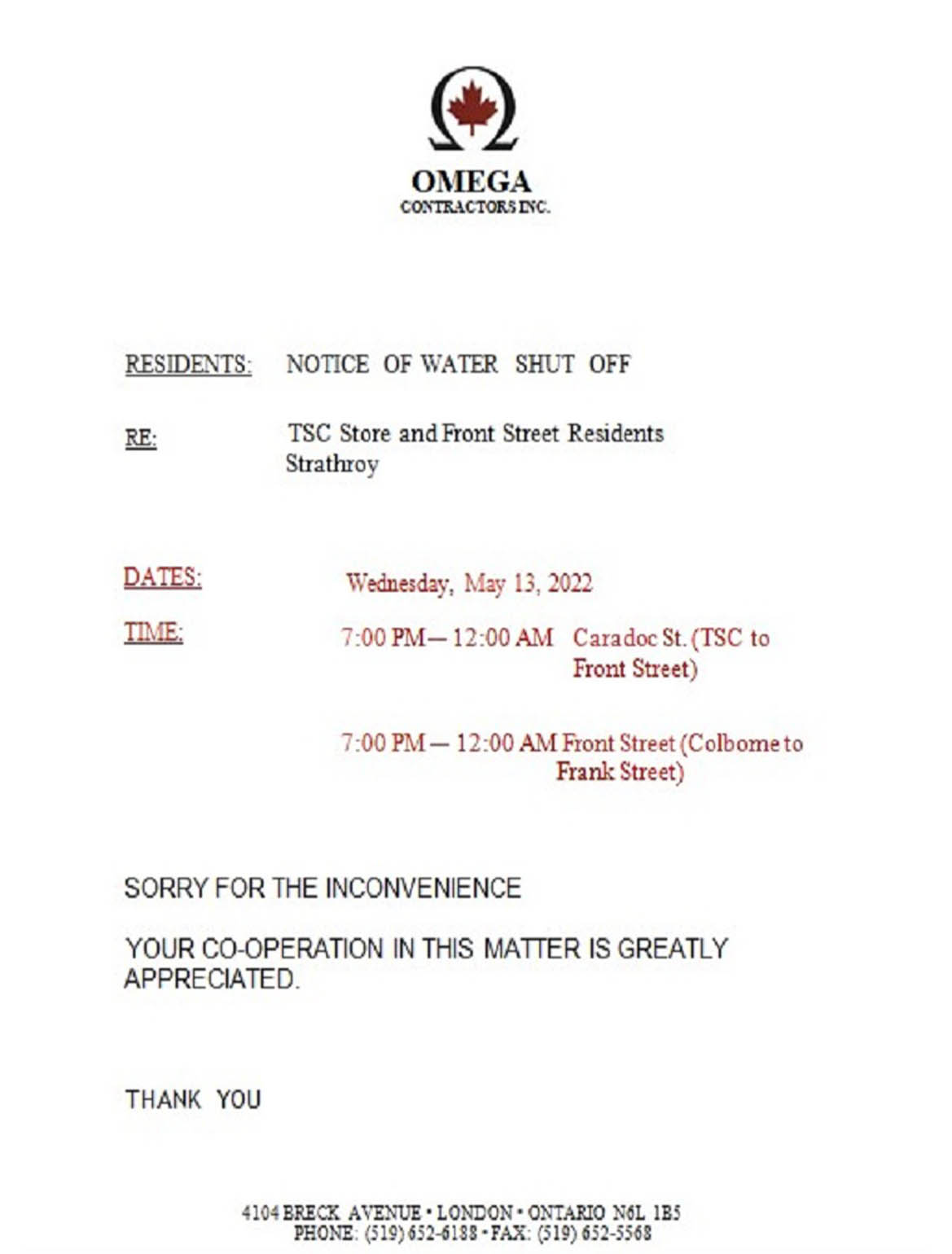Canada Ontario Omega Contractors Inc. water utility bill