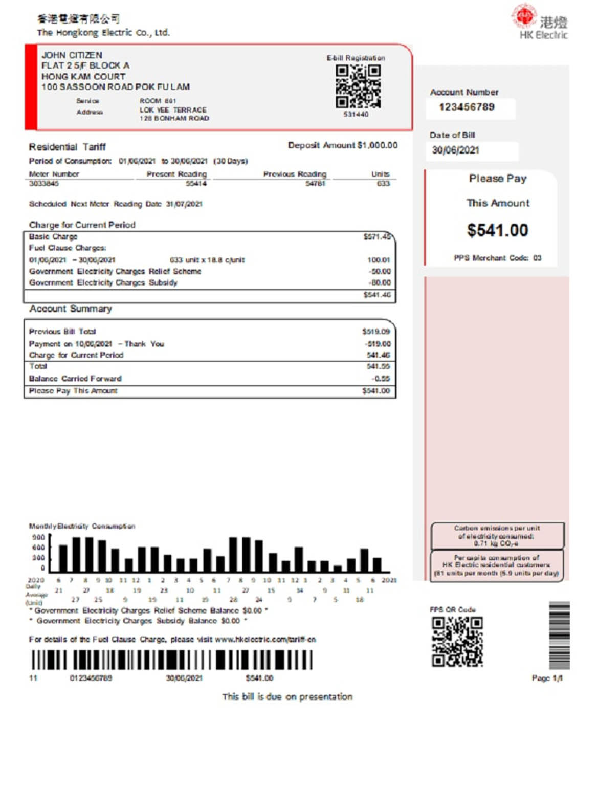 Hong Kong electric company utility bill