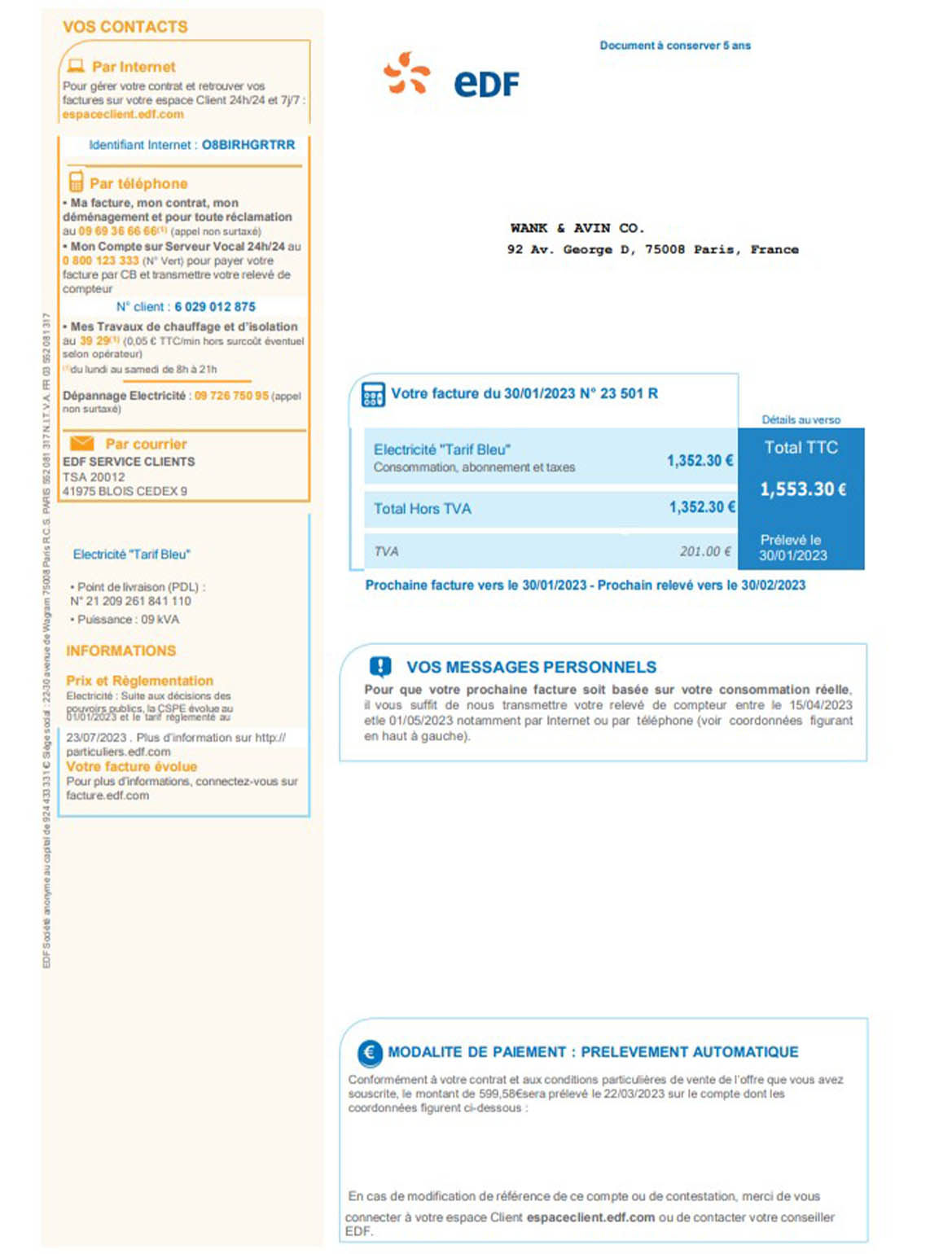 EDF France Electricity business utility bill