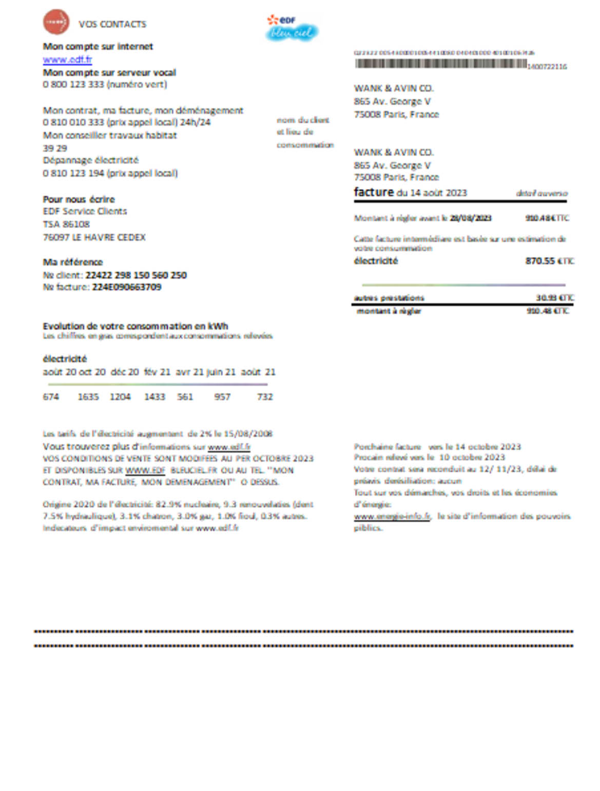 EDF France proof of address business utility bill