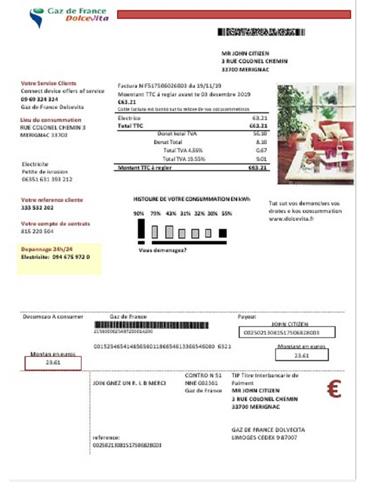 	France Gaz de France Dolcevita utility bill 