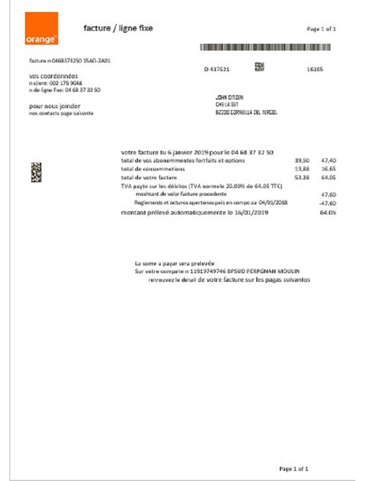 France Orange utility bill 