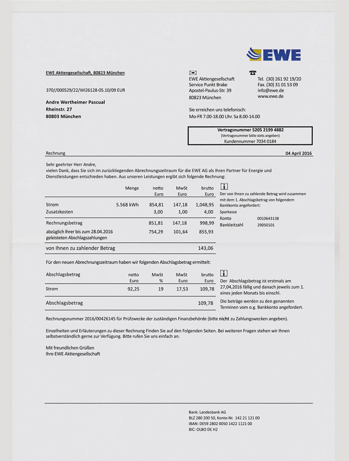 Germany EWE utility bill
