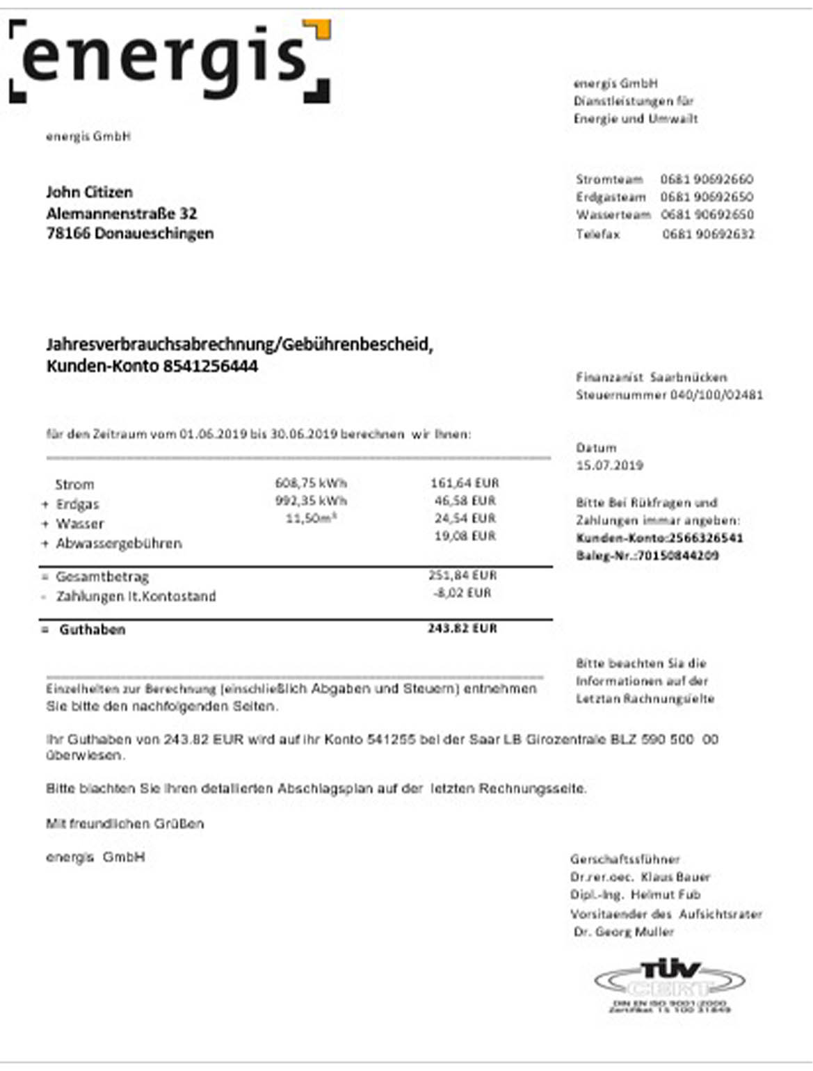 Germany Energis utility bill