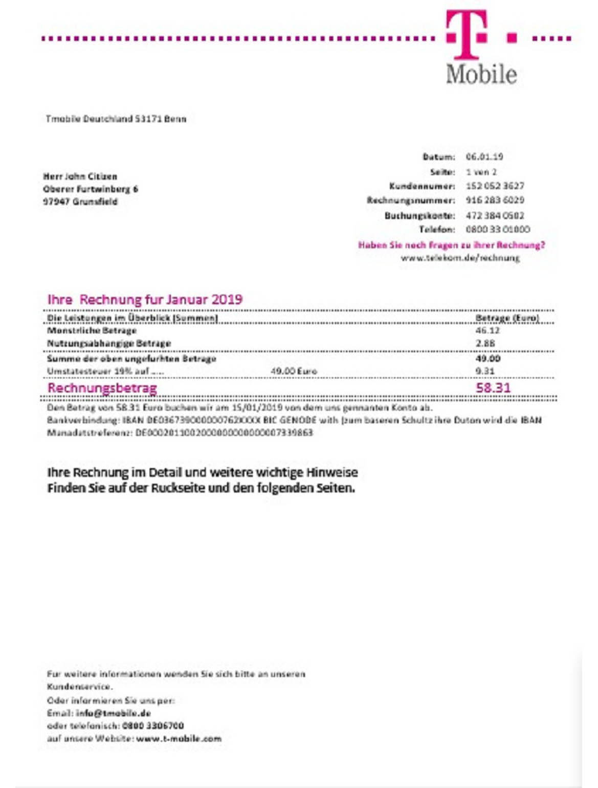 Germany T Mobile utility bill