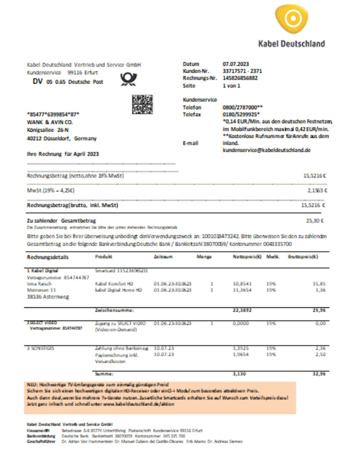 Germany TV cabel business utility bill