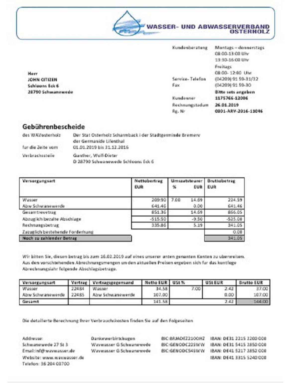 Germany Wavwasser utility bill