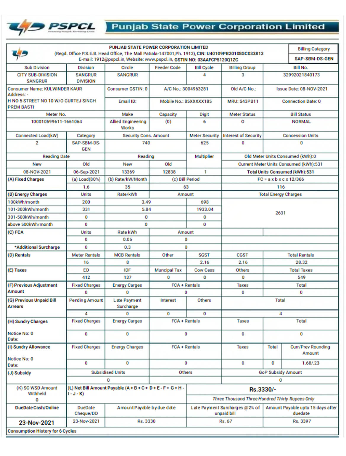 India PSPCL utility bill
