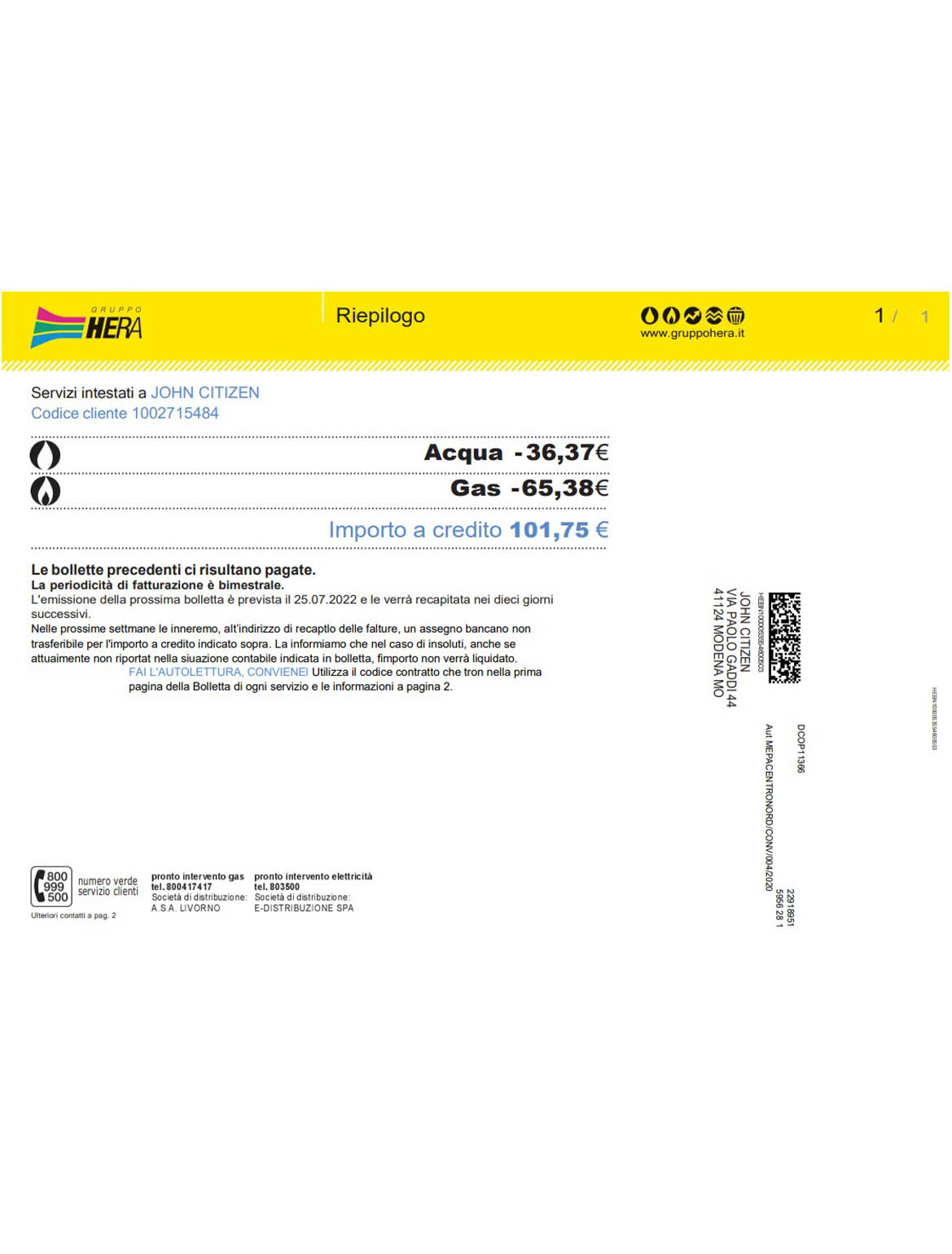 Italy Gruppo Hera utility bill