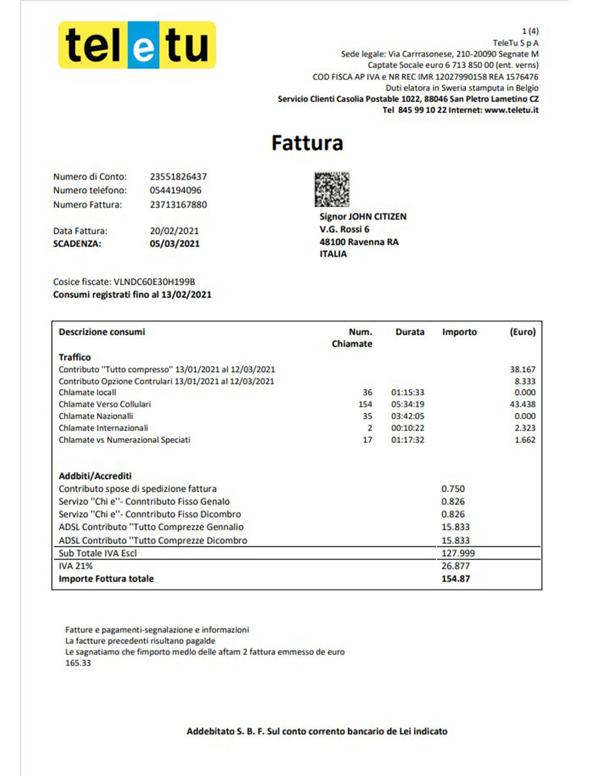 Italy TeleTu utility bill