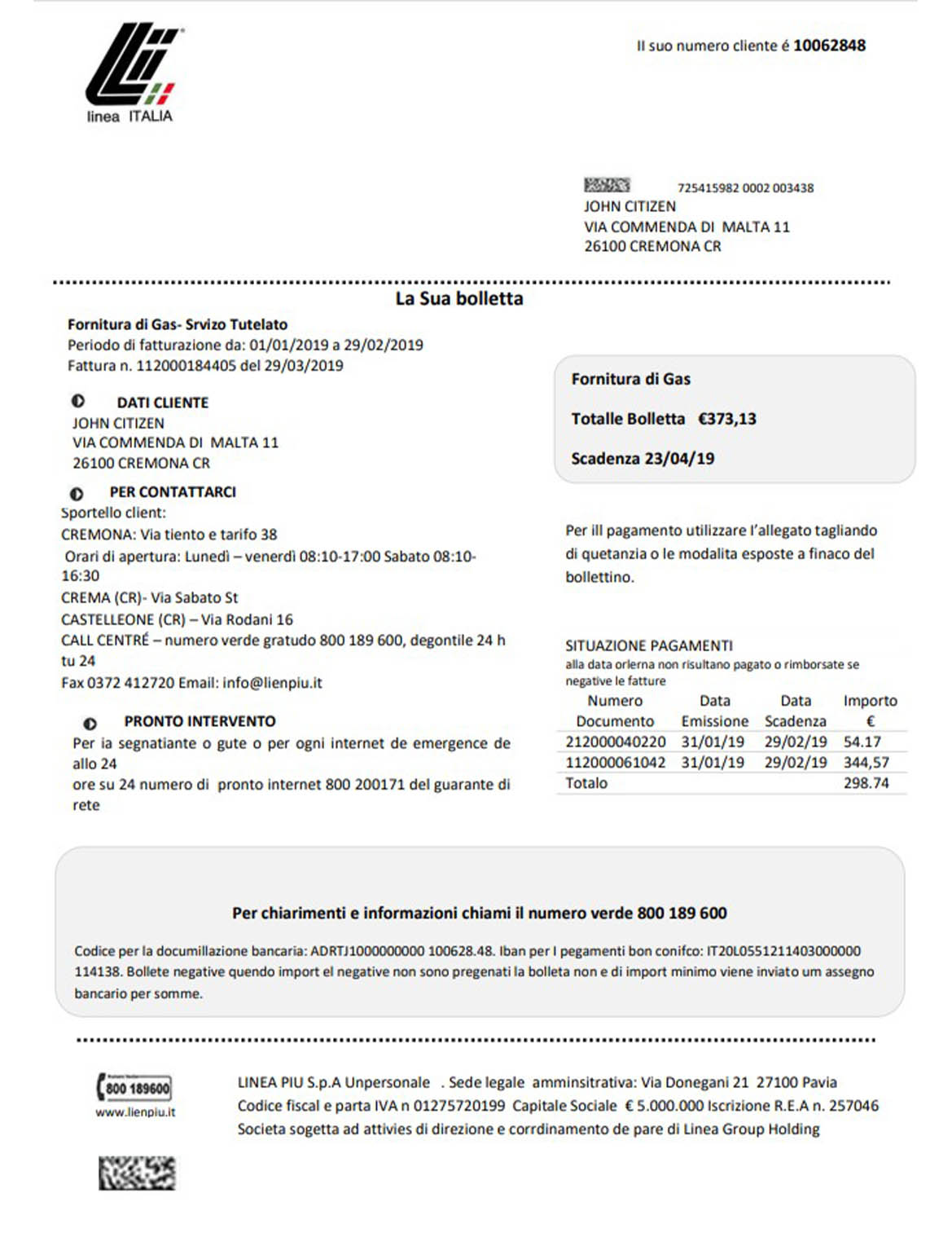 Italy Linea Italia utility bill