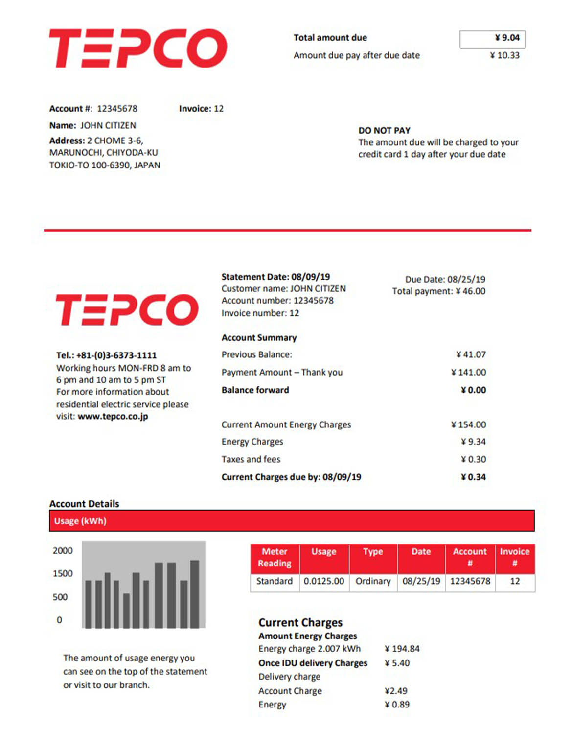 Japan Tokyo electric power company (TEPCO) electricity utility bill