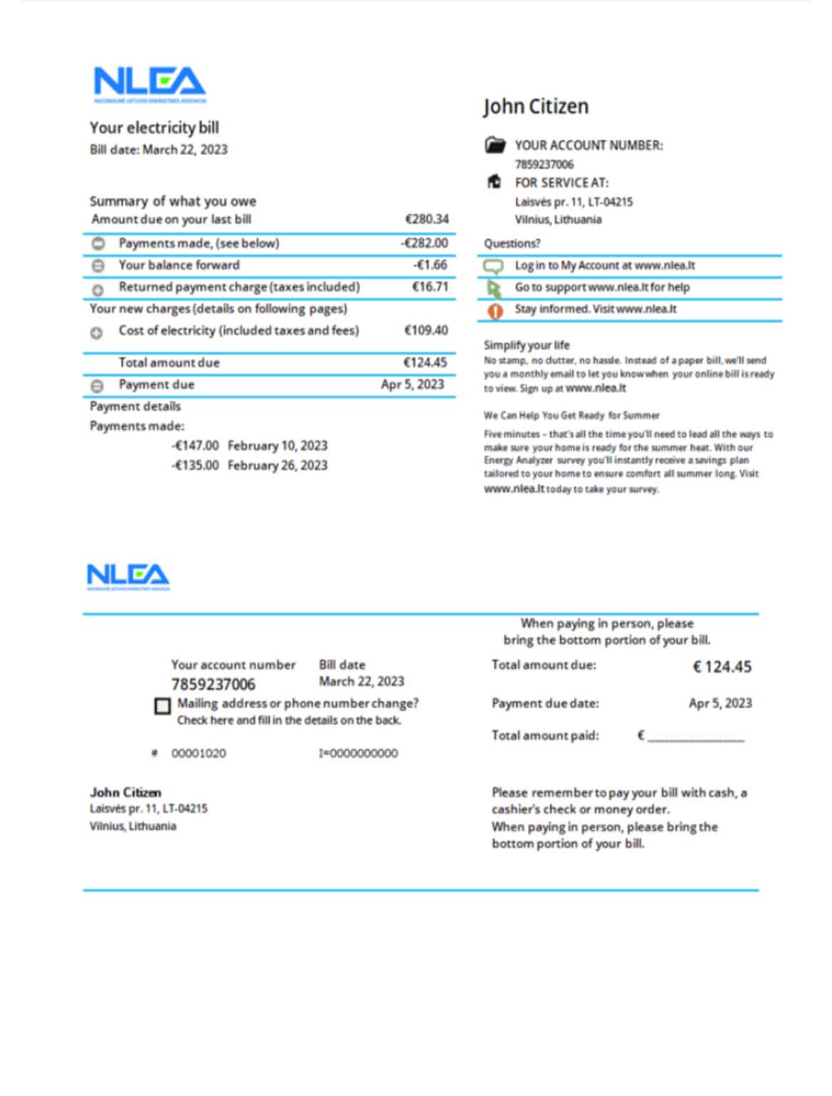 Lithuania National Lithuanian Energy Association utility bill, PDF and Word download template