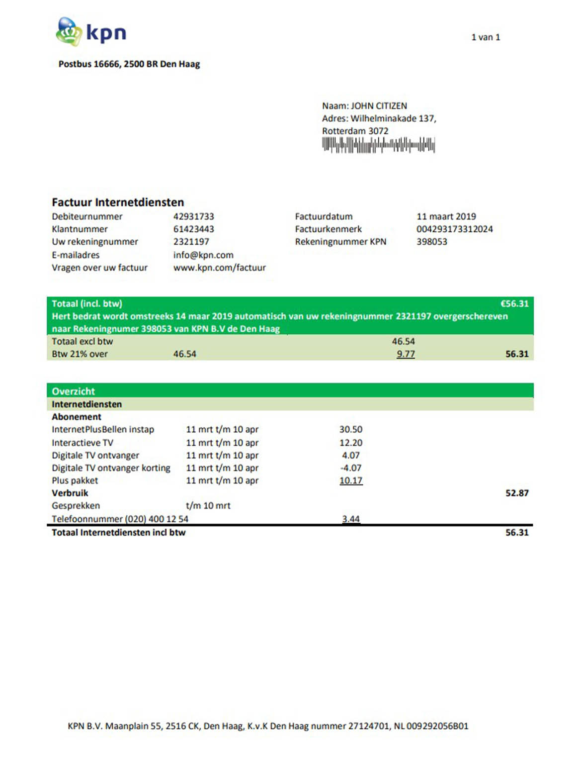 Netherlands KPN utility bill