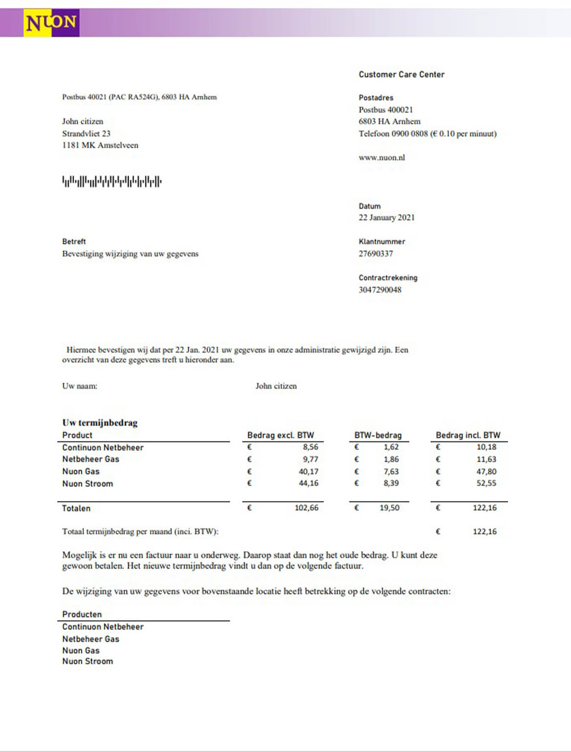 Netherlands NUON gas utility bill