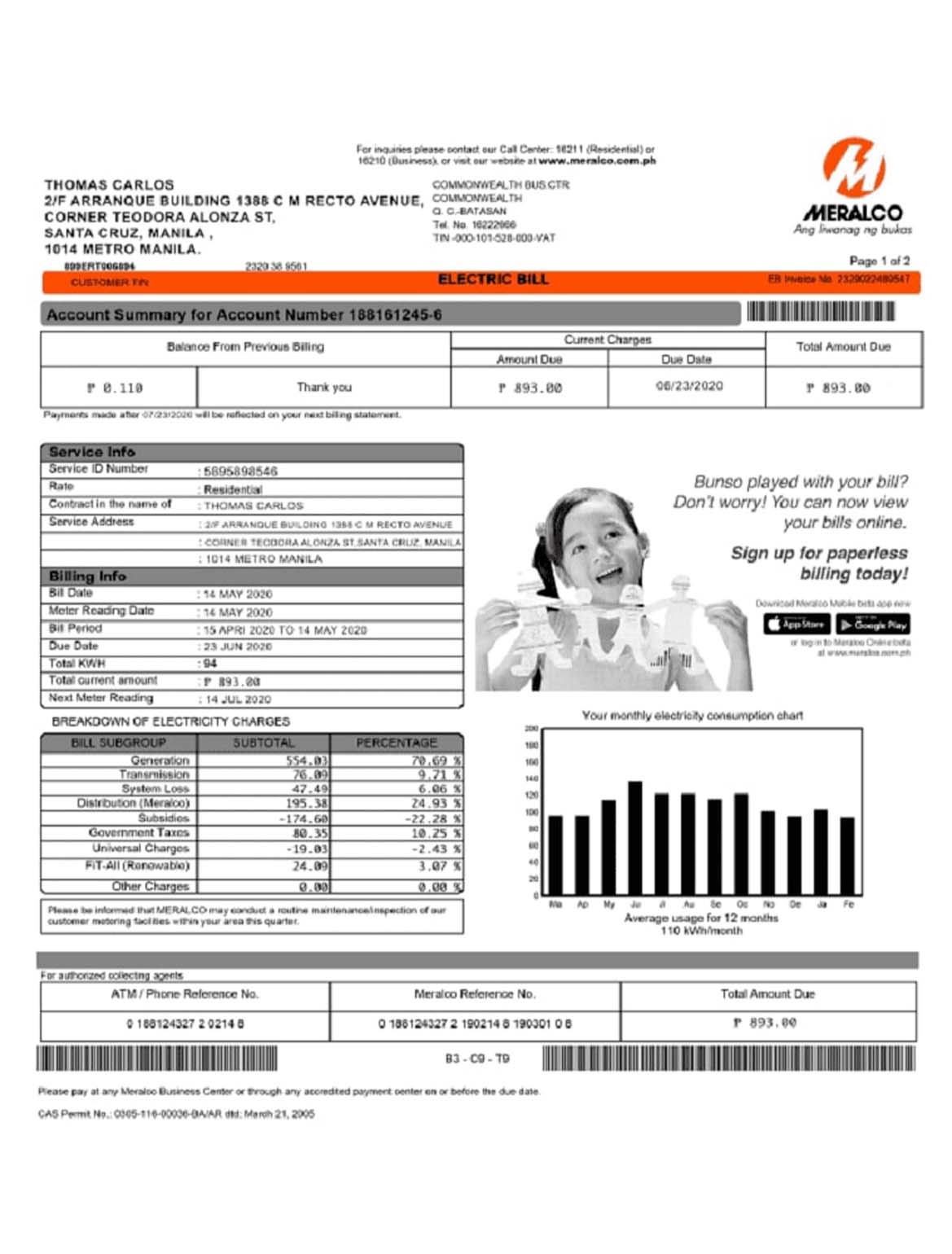 Philippines Meralco electricity utility bill PSD download template