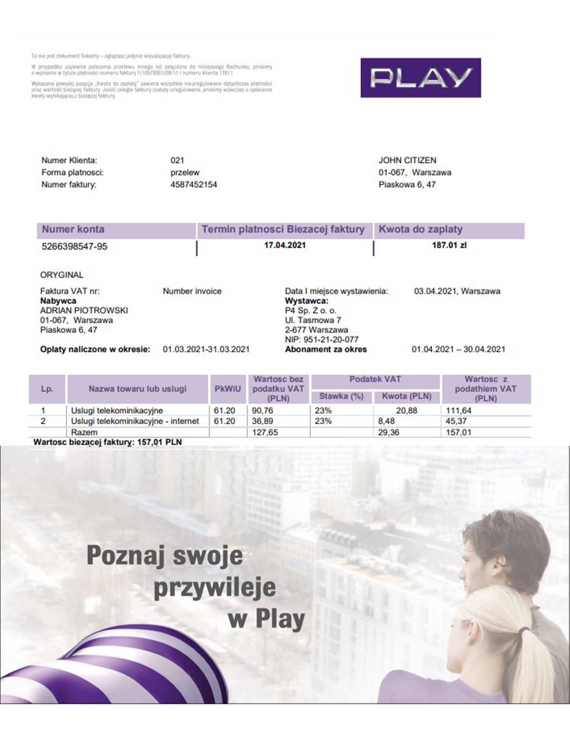 Poland Play utility bill, PDF and Word download template, fully editable
