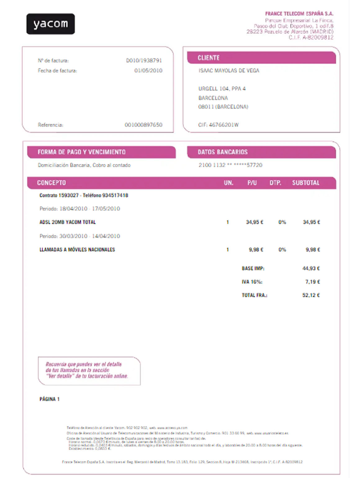 Spain Yacom utility bill