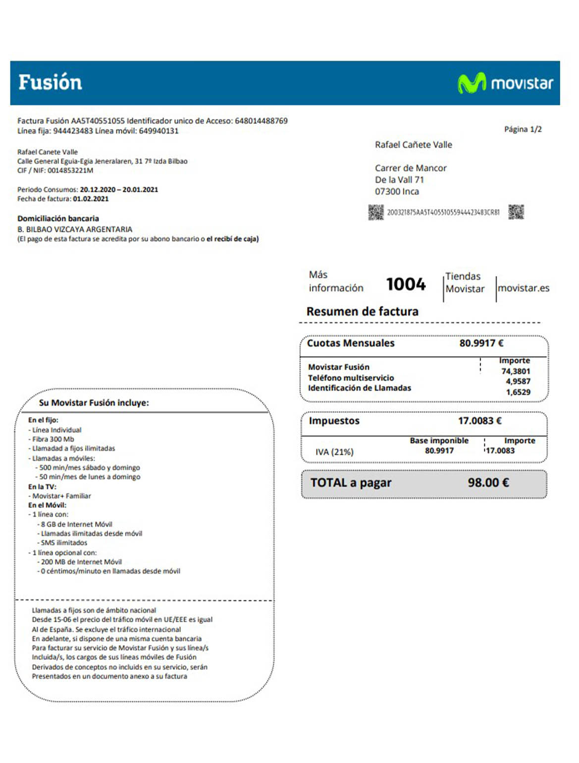 Spain Movistar Fusion telecom operator utility bill