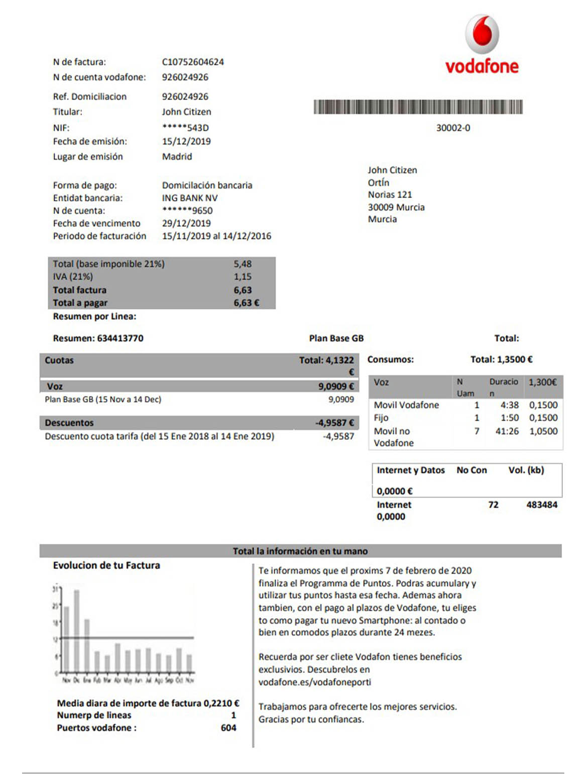 Spain Vodafone telecommunications utility bill