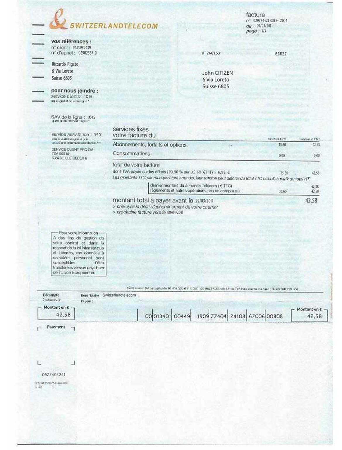 Switzerland Telecom utility bill