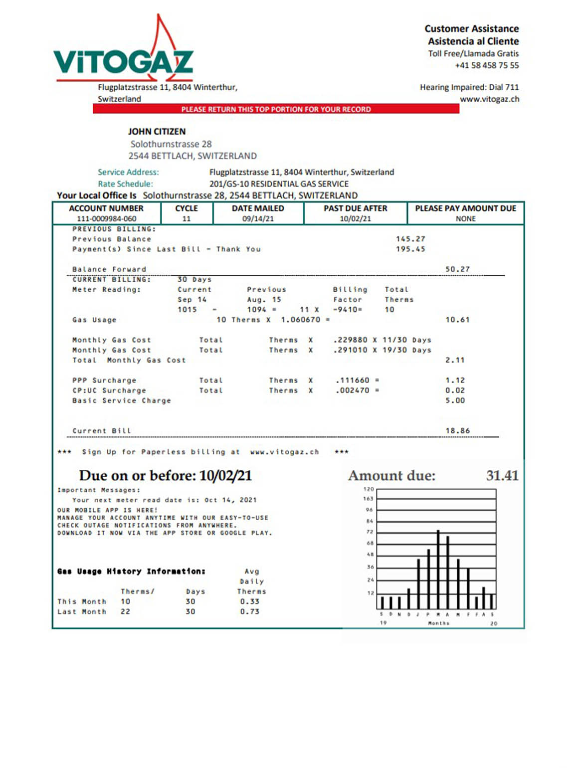 Switzerland Vitogaz Switzerland AG utility bill