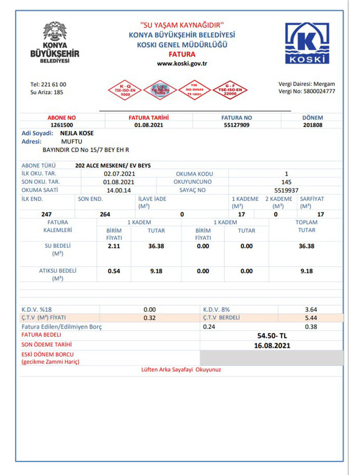 Turkey water utility bill 
