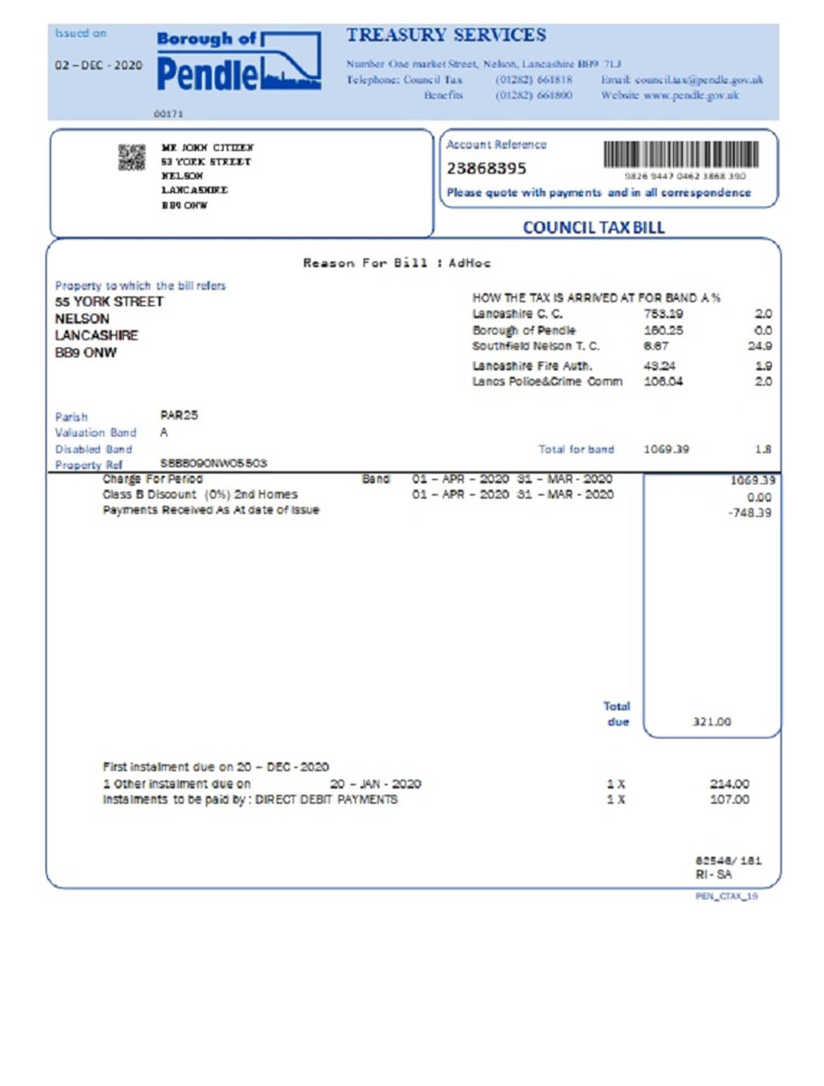 United Kingdom Borough of Pendle council tax utility bill