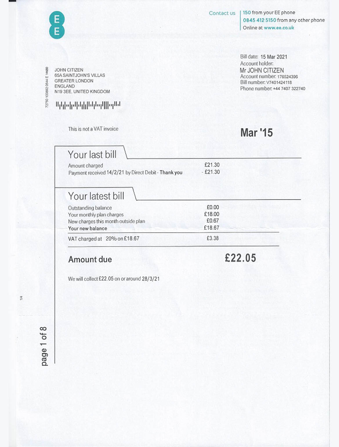 United Kingdom EE phone utility bill