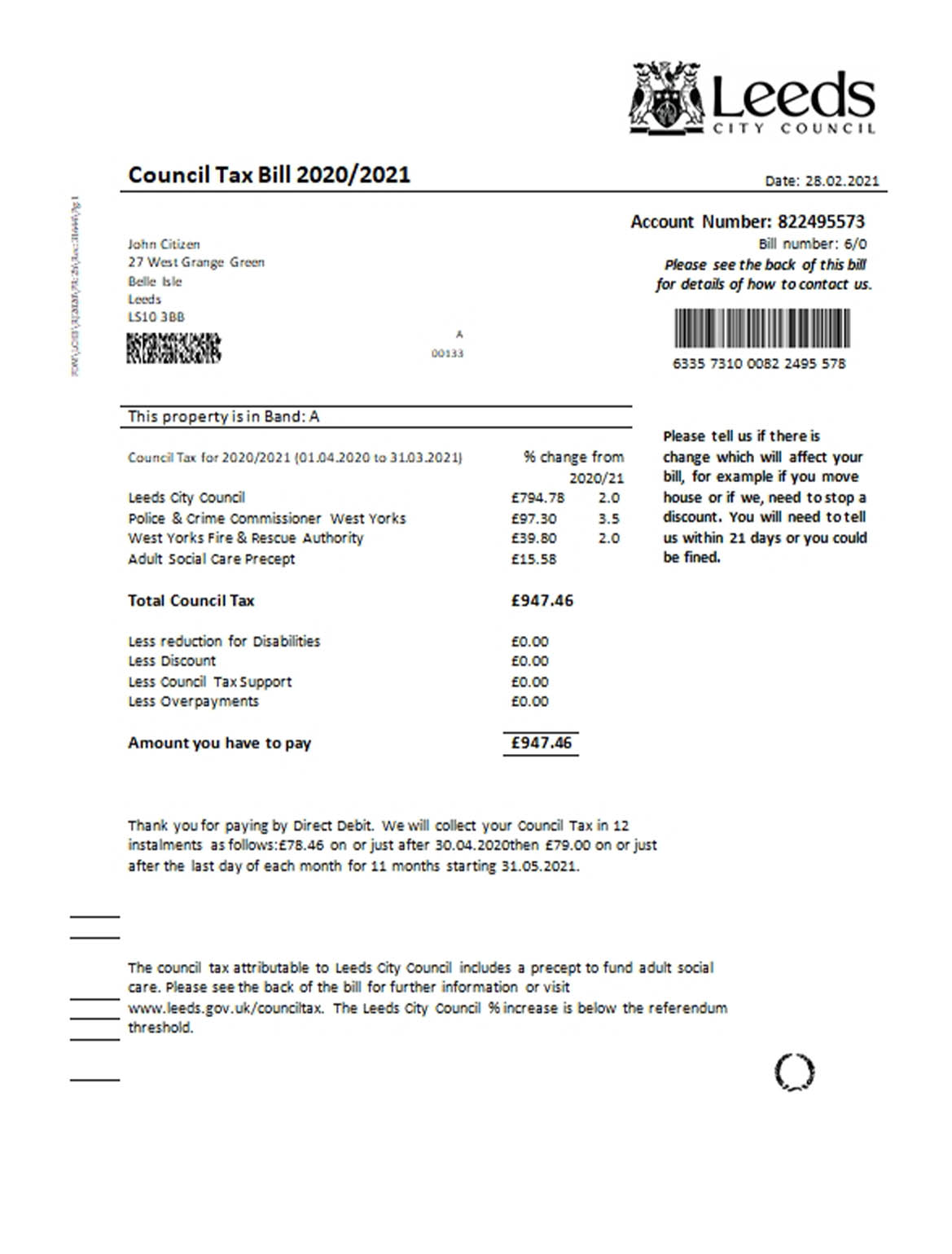 United Kingdom Leeds city council tax utility bill 