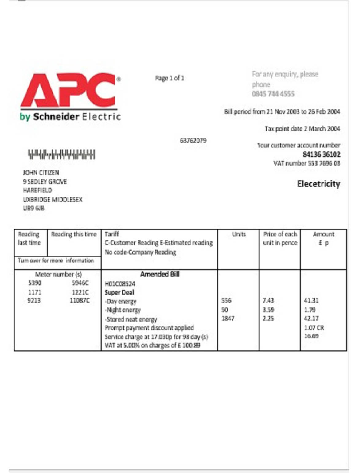 United Kingdom APC electricity utility bill  