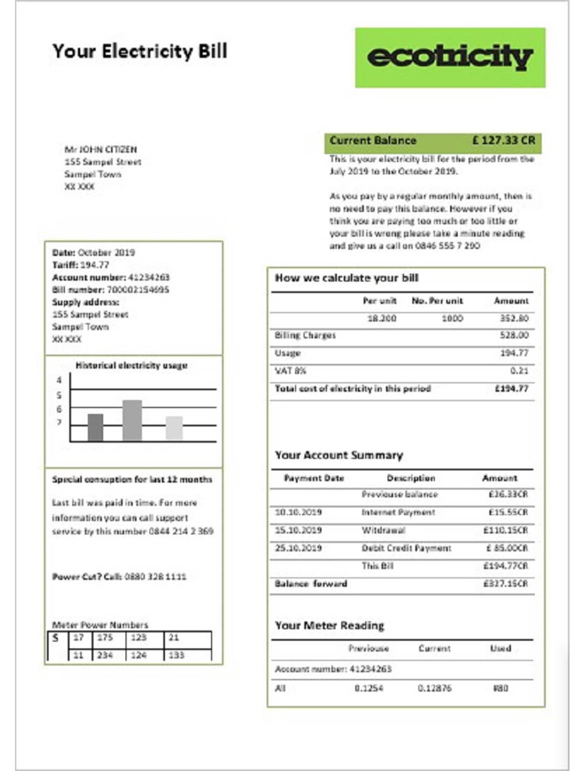 United Kingdom Ecotricity electricity utility bill