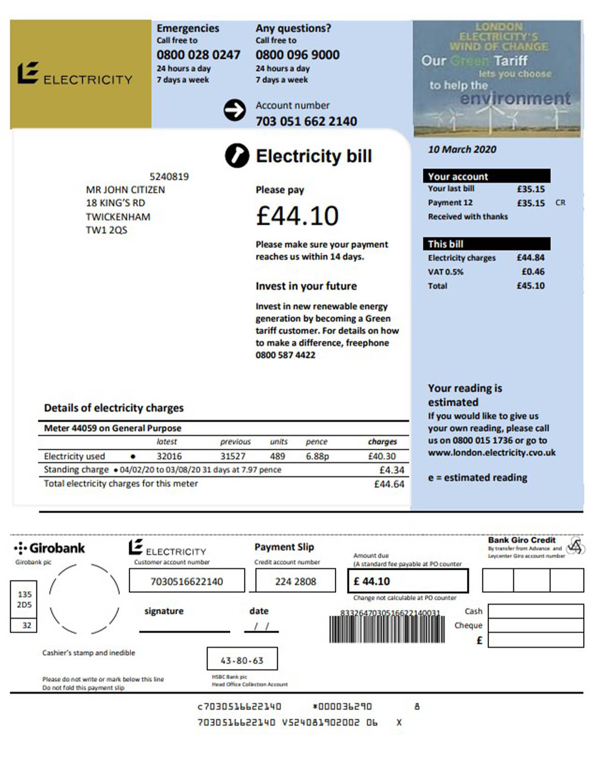United Kingdom EE phone utility bill