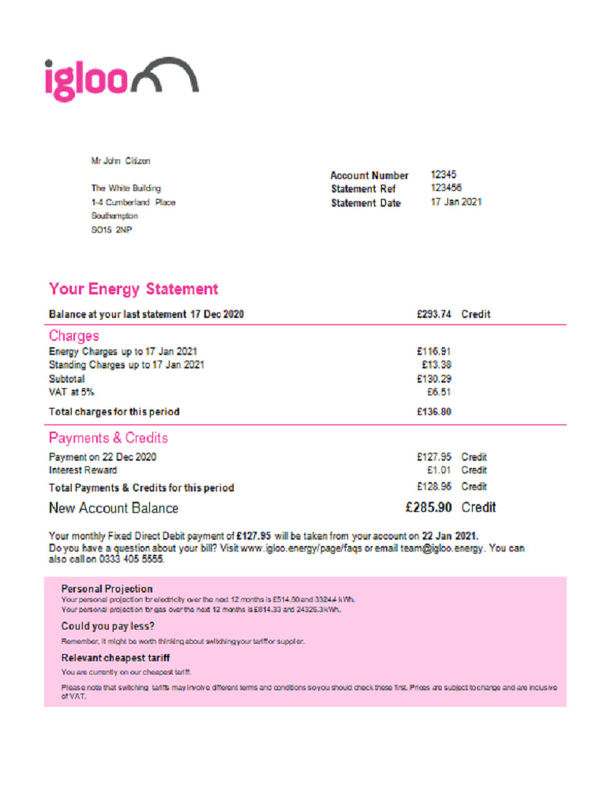 United Kingdom Igloo energy utility bill 