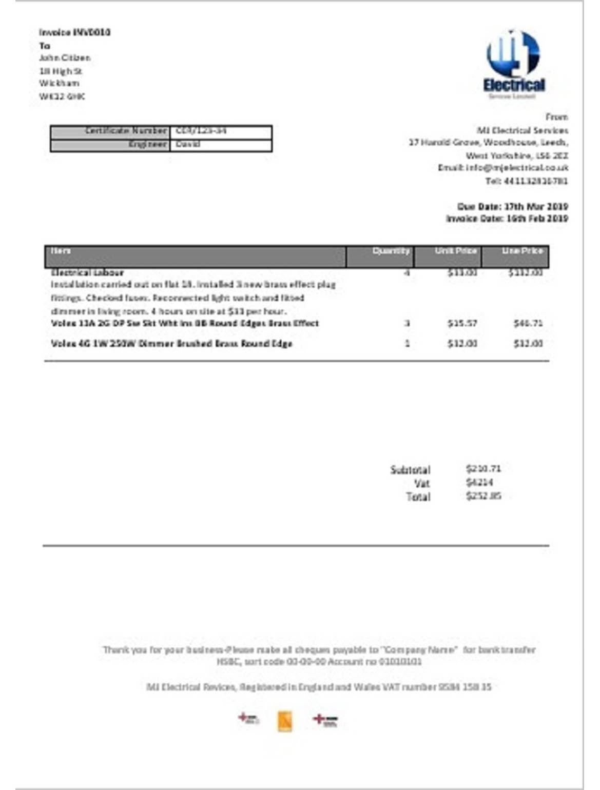 United Kingdom MJ Electrical proof of address utility bill