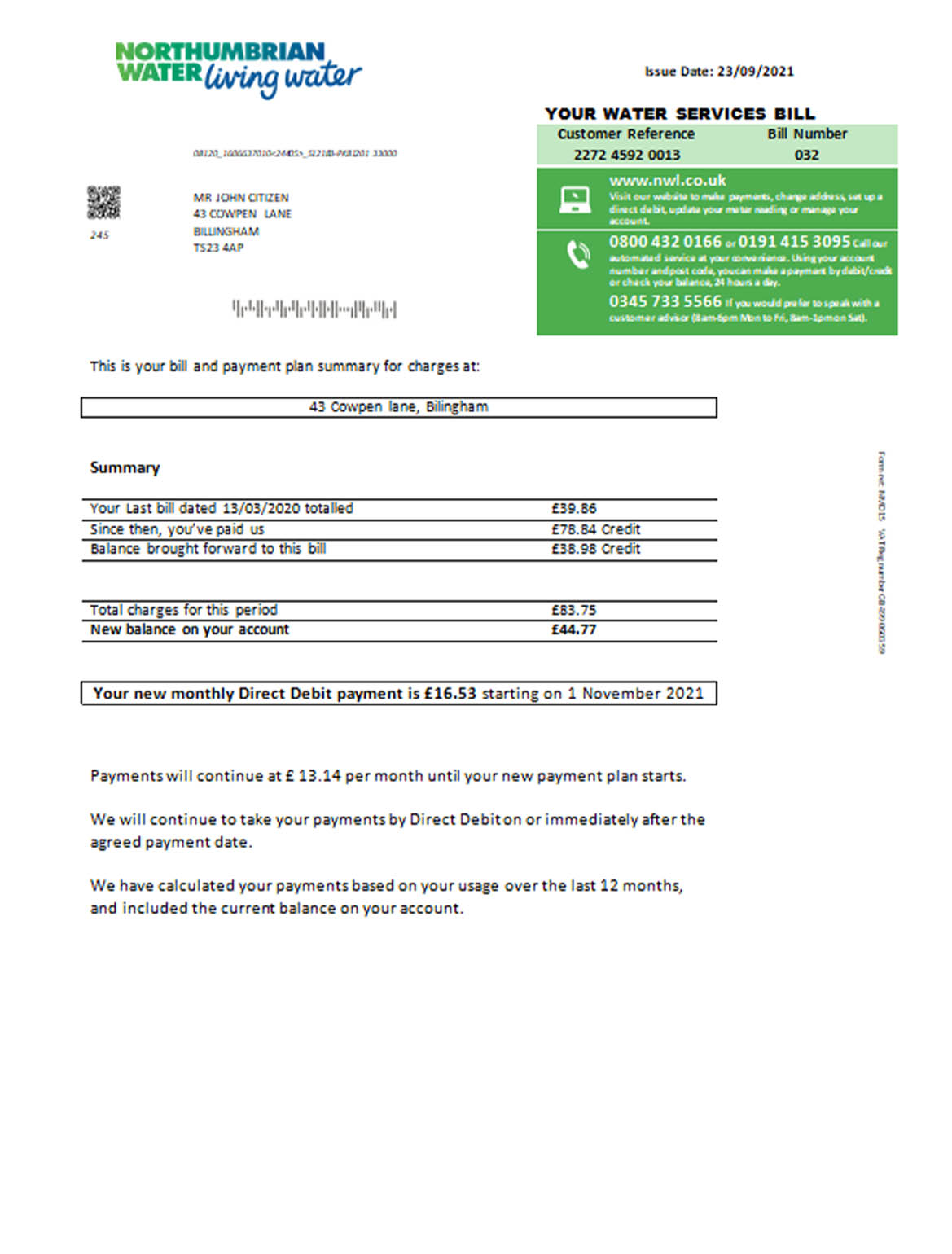 United Kingdom Northumbrian water utility bill