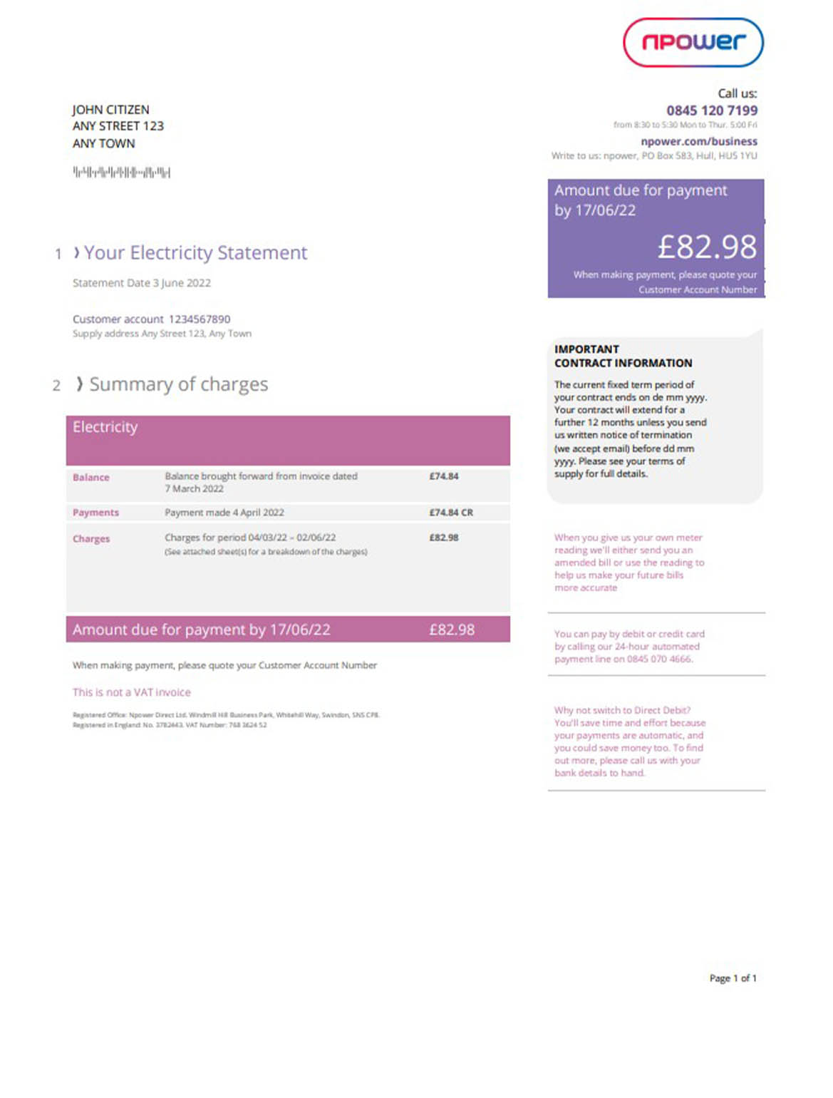 United Kingdom Npower utility bill