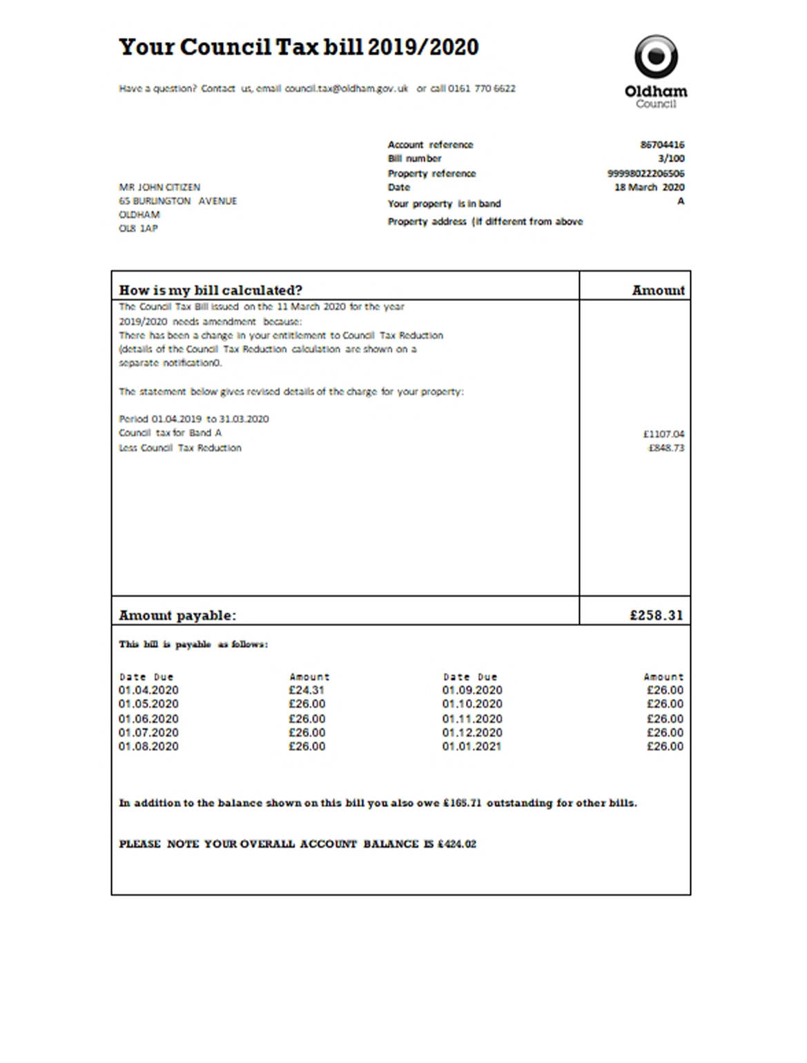 United Kingdom Oldham council tax bill